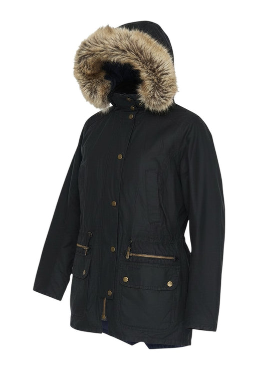 Prewornwholesale Barbour women's black waxed cotton parka coat with faux fur-trimmed hood and brass hardware.