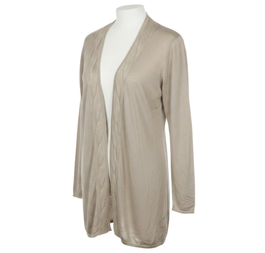 Prewornwholesale beige longline cardigan with V-neck, open front, and cable-knit trim on a mannequin