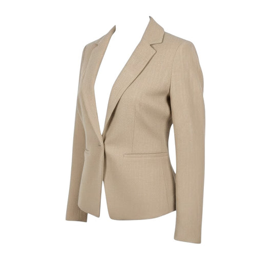 Prewornwholesale Marks and Spencer beige stretch cotton blend blazer with notch lapels and front welt pockets.