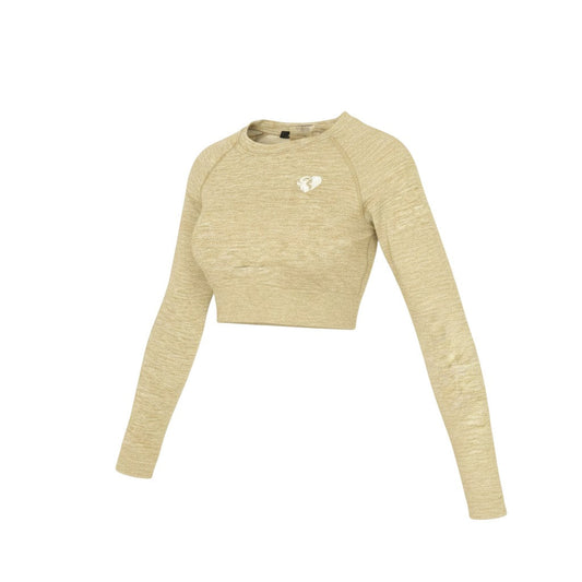 Prewornwholesale beige cropped long sleeve gym top with raglan sleeves and minimalist branding on the chest