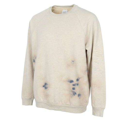 Prewornwholesale beige crew neck sweatshirt with raglan sleeves and dark blue abstract graphic print