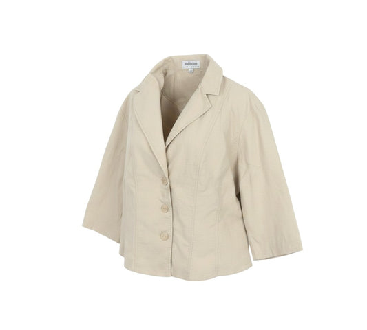 Prewornwholesale Steilmann beige linen blend blazer with 3/4 sleeves, notch lapel, and three-button front closure.