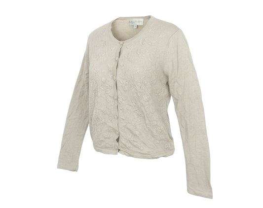 Prewornwholesale beige linen cardigan with tonal floral embroidery, round neckline, and front button fastening.