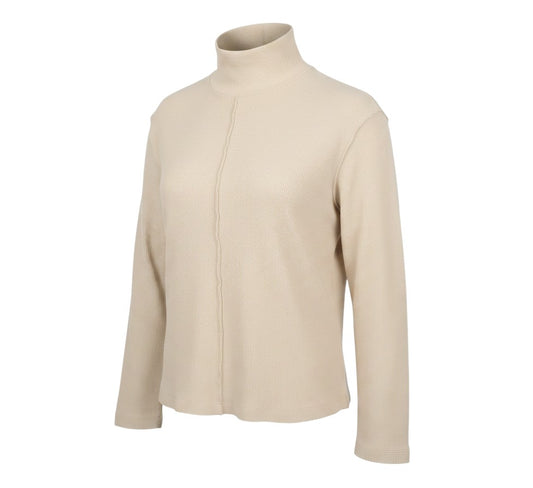 Prewornwholesale beige waffle knit cotton mock neck pullover sweatshirt with long sleeves and a relaxed fit