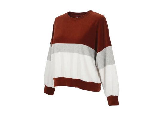 Prewornwholesale BIYKA women's oversized colourblock velour sweatshirt in brown, grey, and ivory with a crew neck.