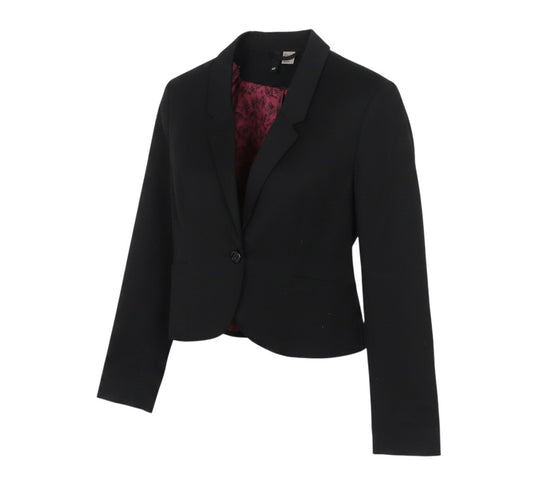 Prewornwholesale H&M black single-breasted blazer with notch lapels and a pink bird-print lining