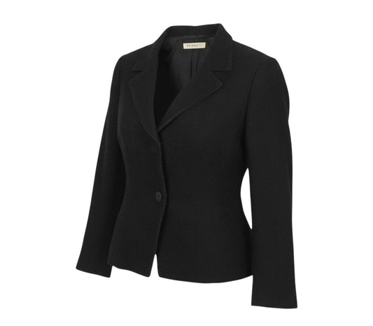 Prewornwholesale Planet black textured bouclé blazer with a single button front and classic notch lapels.