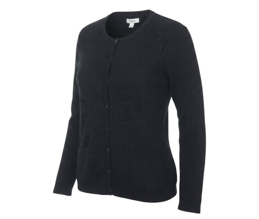 Prewornwholesale black cable knit button-up cardigan with round neck and front pockets in women's size 20.