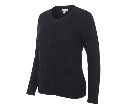 Prewornwholesale black cable knit button-up cardigan for women with round neck and front pockets