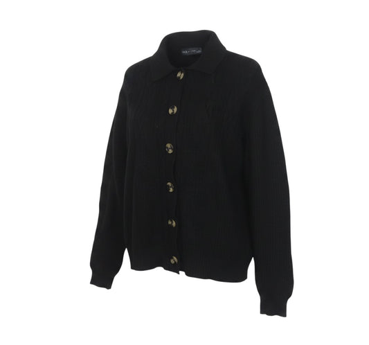 Prewornwholesale black cable knit cardigan with a collared neckline and button front closure in a soft viscose blend.