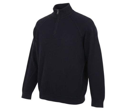 Prewornwholesale black 1/4 zip cotton knit sweatshirt with ribbed high neck, cuffs, and hem in a classic fit.