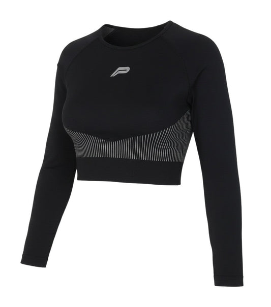 Prewornwholesale black long sleeve cropped athletic top with raglan sleeves and subtle ribbed detailing