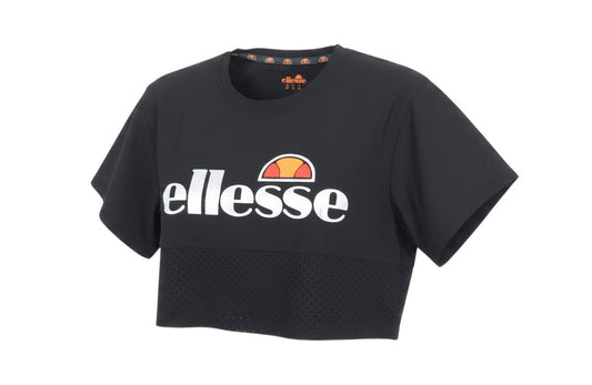 Prewornwholesale black cropped activewear T-shirt with Ellesse logo and perforated mesh panel for ventilation