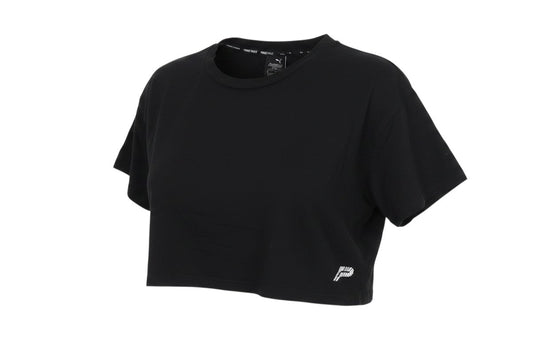 Prewornwholesale black cropped T-shirt with crew neck and short sleeves featuring a small white logo on the hem