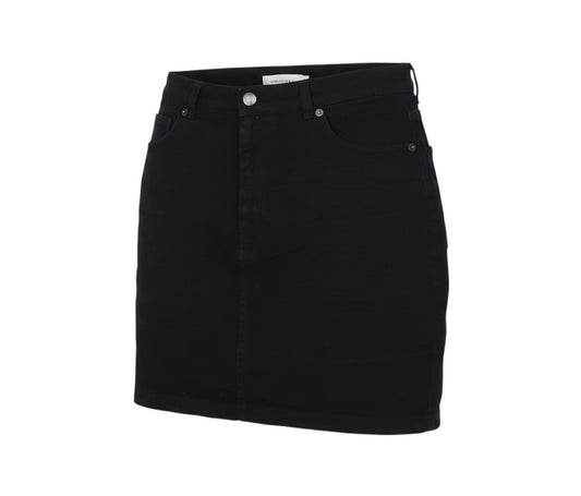 Prewornwholesale black denim mini skirt with high-rise waist, five-pocket design, and silver-tone rivet detailing.