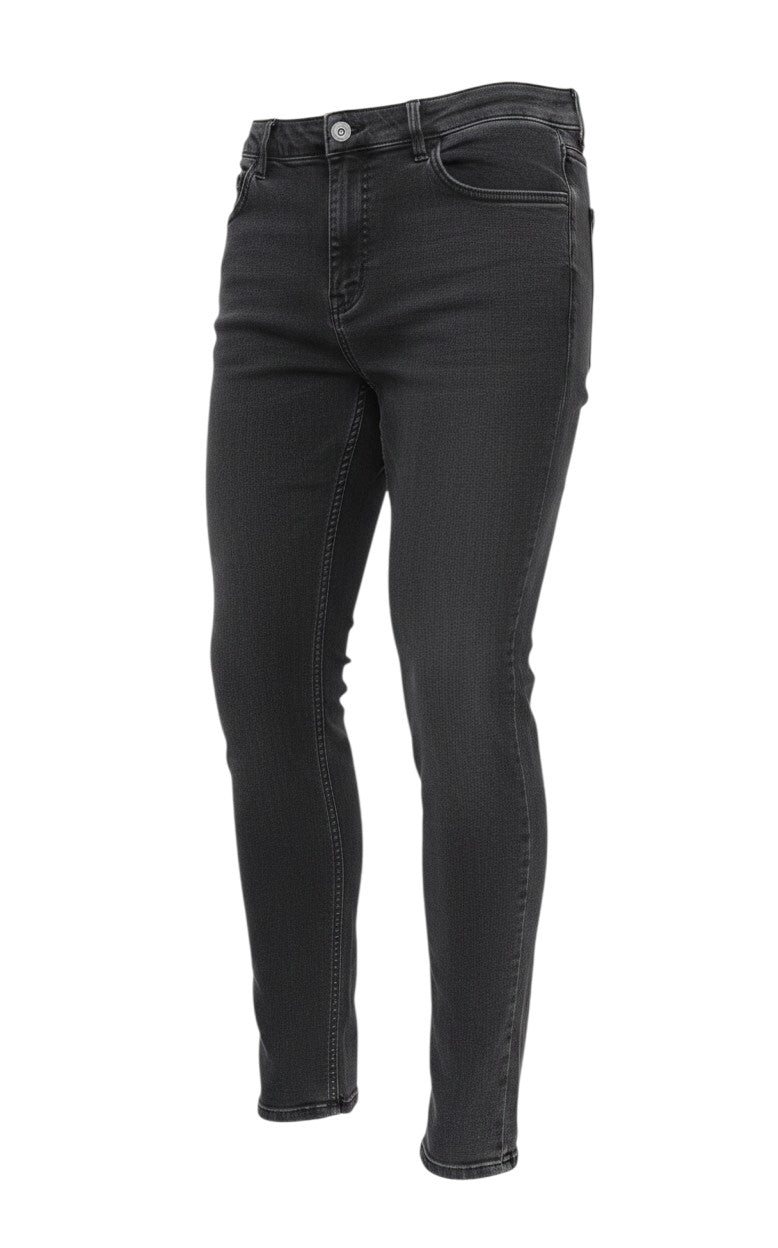 Prewornwholesale women's black denim straight leg jeans with a classic five-pocket design and button fly closure.
