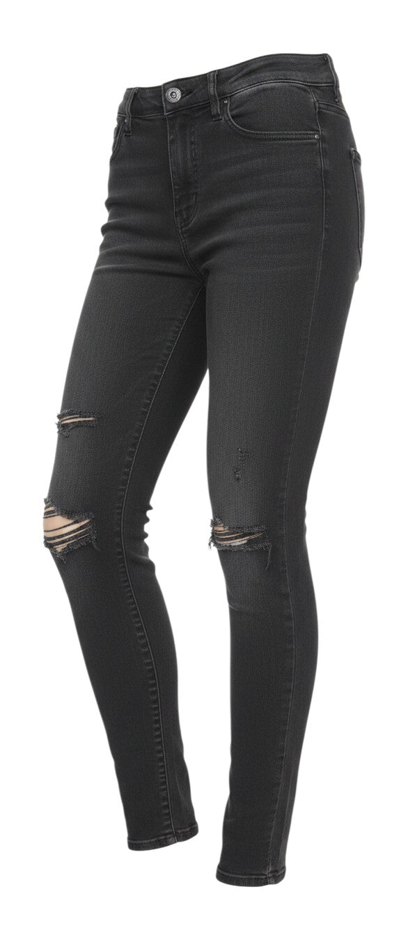 Prewornwholesale women's black denim skinny jeans with distressed knee detailing and a classic five-pocket design.