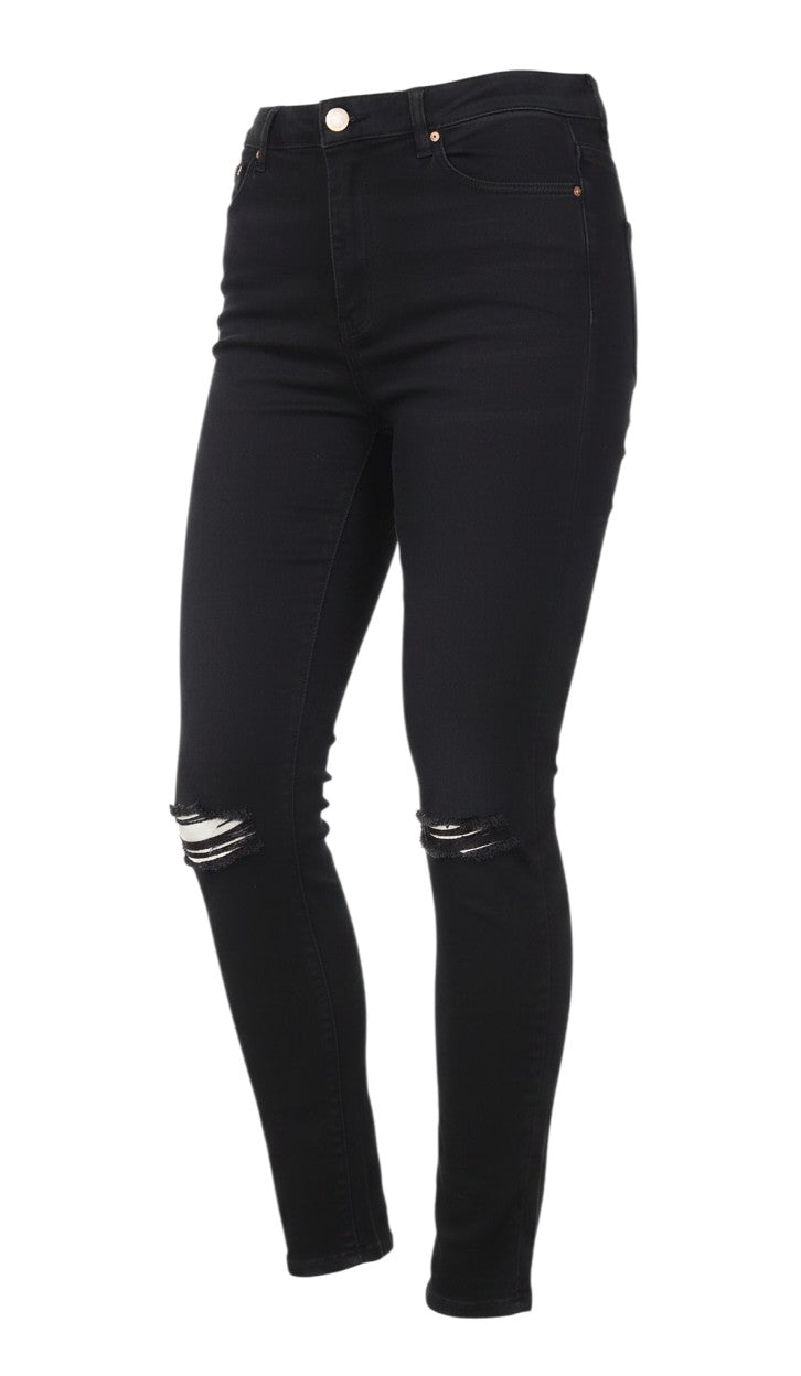 Prewornwholesale black cotton skinny jeans with distressed knee detailing and a zip fly closure.