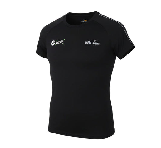 Prewornwholesale black Ellesse athletic t-shirt with JD Gyms branding, featuring a crew neck and short sleeves.