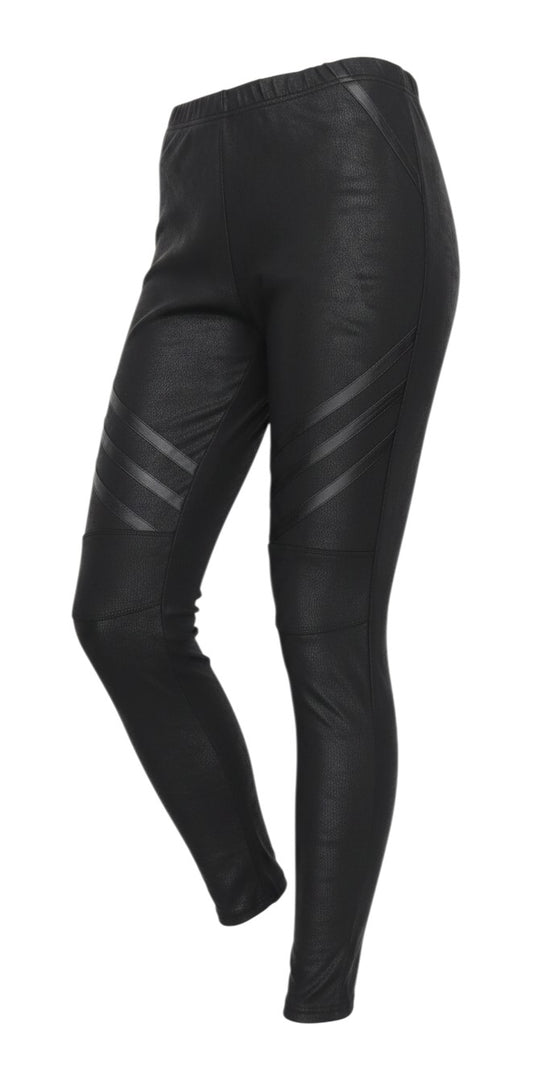 Prewornwholesale Lumina black faux leather stretch leggings with moto-style panel detailing and elasticated waistband.