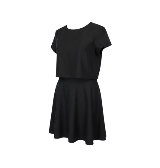 Prewornwholesale black fit and flare dress with short sleeves, round neckline, and structured woven fabric.