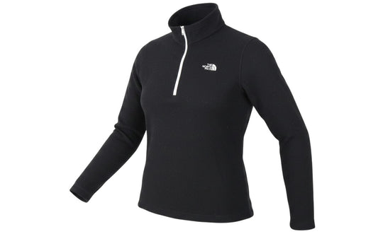 Prewornwholesale black The North Face women's fleece pullover with a white quarter-zip closure and embroidered logo.