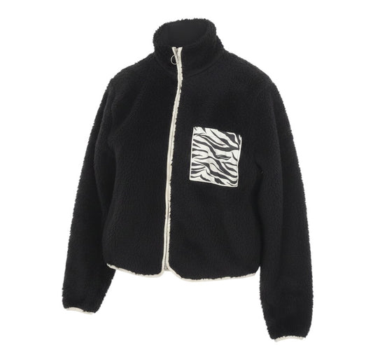 Prewornwholesale H&M Divided black fleece jacket with a zebra print chest pocket and full zip closure.