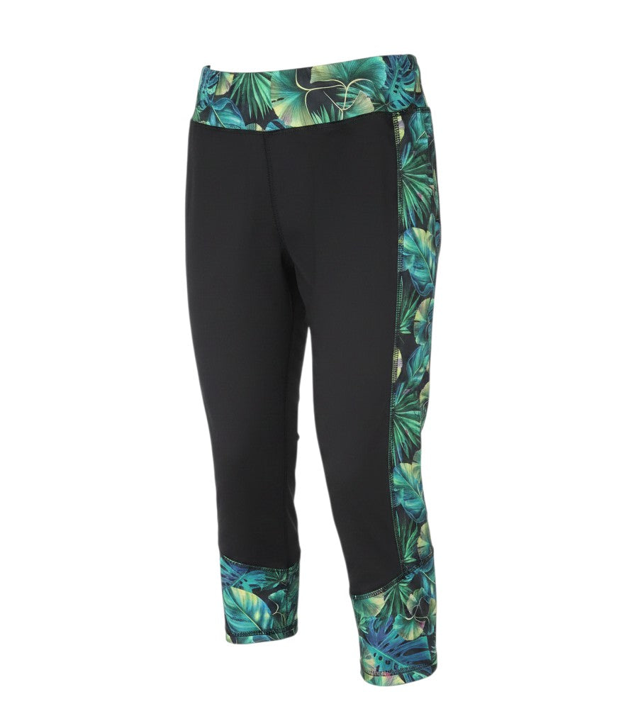 Prewornwholesale women's black athletic capri leggings with green tropical leaf print panels on waist and cuffs.