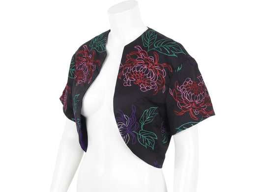Prewornwholesale black cropped blazer with vibrant multicoloured floral embroidery and short sleeves on a mannequin