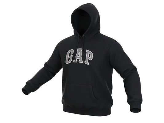 Prewornwholesale black GAP pullover hoodie with embroidered logo, drawstring hood, and front kangaroo pocket.