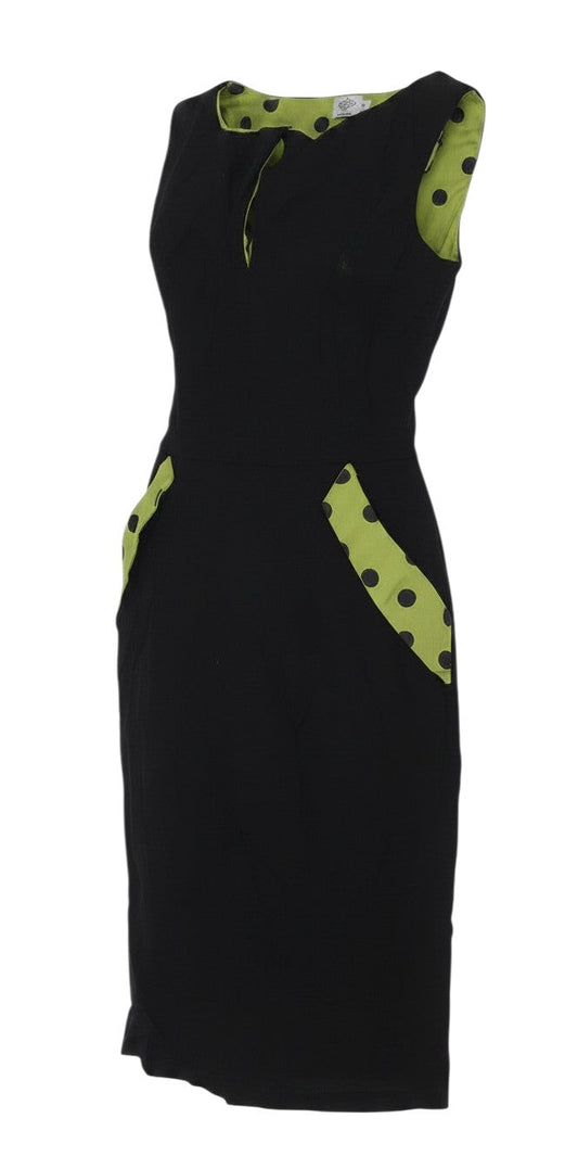 Cappuccini Women Black Green Polka Dot Shift Dress Size M Stretch