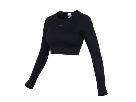Prewornwholesale black Gymshark cropped long sleeve athletic top with crew neck, raglan sleeves, and thumbhole cuffs.