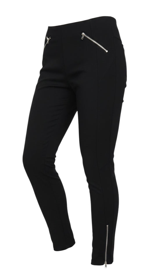 Prewornwholesale black high-rise stretch leggings with silver diagonal front zip pockets and ankle zip detailing.