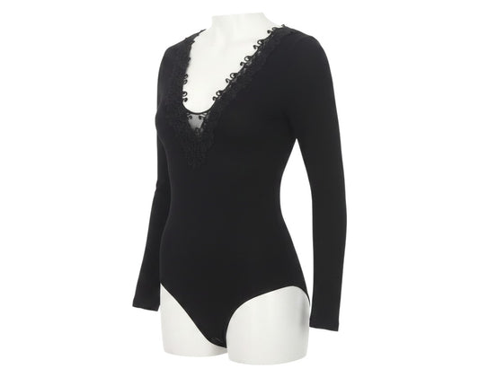 Prewornwholesale black long sleeve bodysuit with a deep V-neckline featuring delicate floral lace and sheer mesh trim.