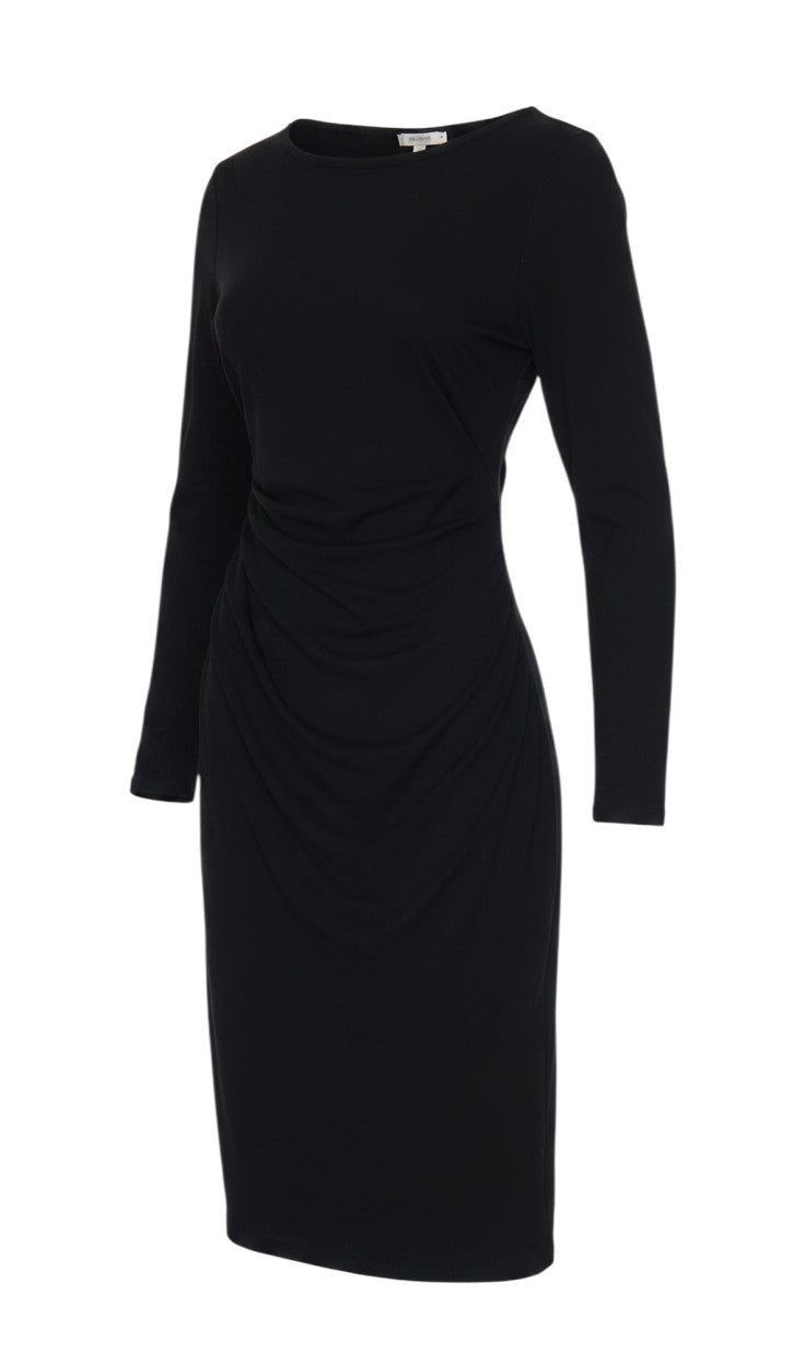 Prewornwholesale black long sleeve bodycon dress with gathered side detail and boat neckline in soft jersey fabric