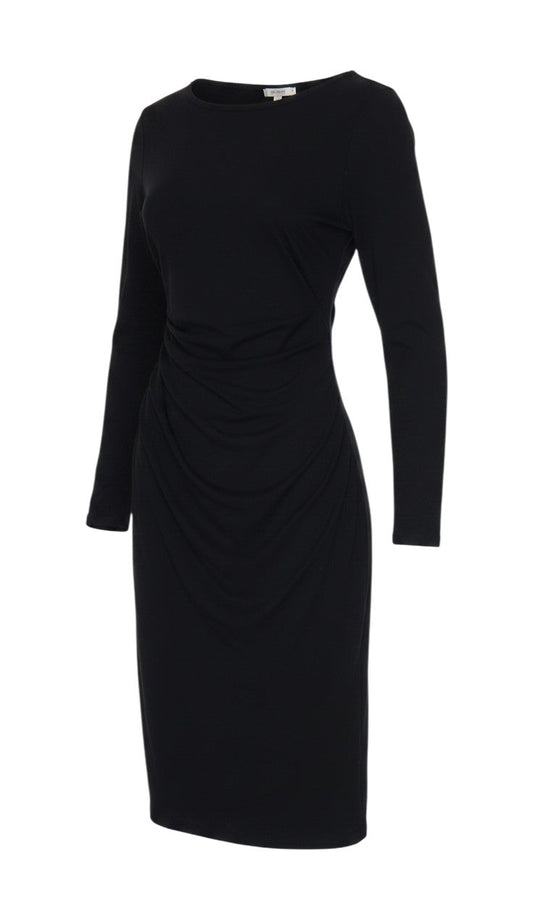 Prewornwholesale black long sleeve bodycon dress with gathered side detail and boat neckline in soft jersey fabric