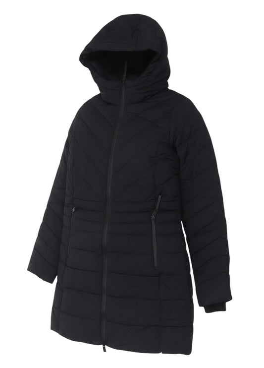 Prewornwholesale Goodmove black longline quilted puffer jacket with a fixed hood and front zip pockets