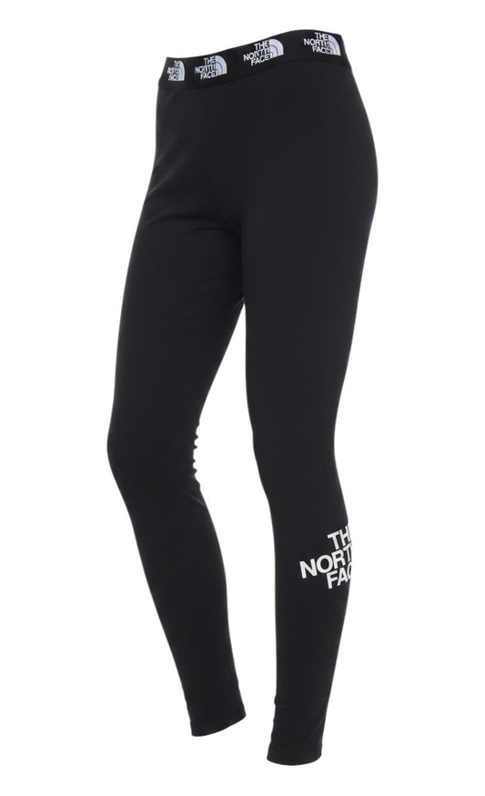 Prewornwholesale black stretch leggings by The North Face with branded elastic waistband and logo on the leg