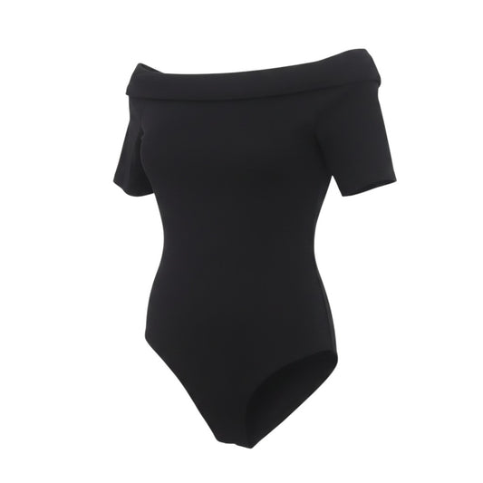 Prewornwholesale H&M black off-the-shoulder short sleeve stretch bodysuit with a fitted silhouette.