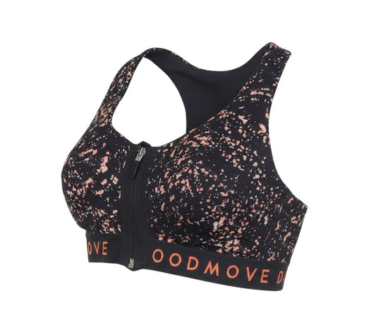 Prewornwholesale black and peach paint splatter print sports bra with front zip closure and branded elastic hem