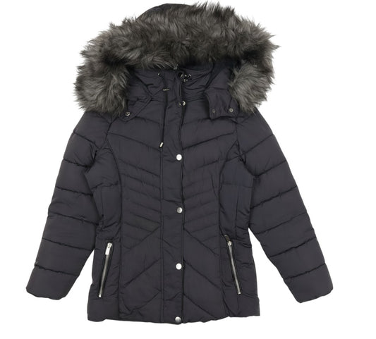 Prewornwholesale black petite puffer coat with removable faux-fur hood trim, zip front, and quilted design.