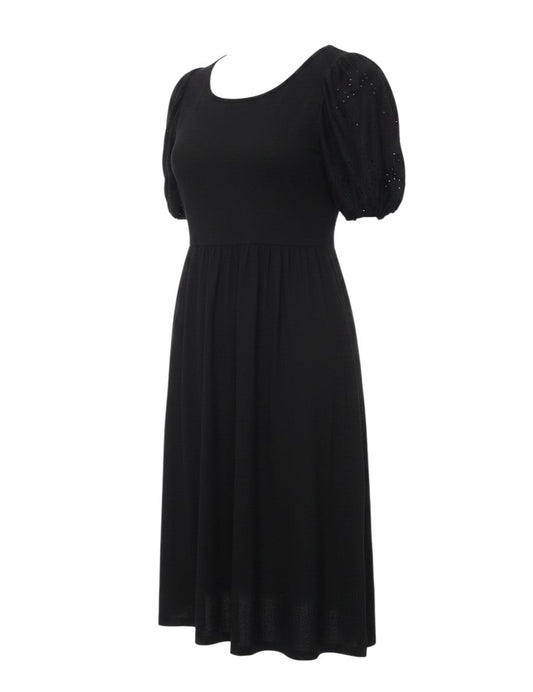 Yours Women Black UK 14 Fit & Flare Knee Dress Puff Sleeve