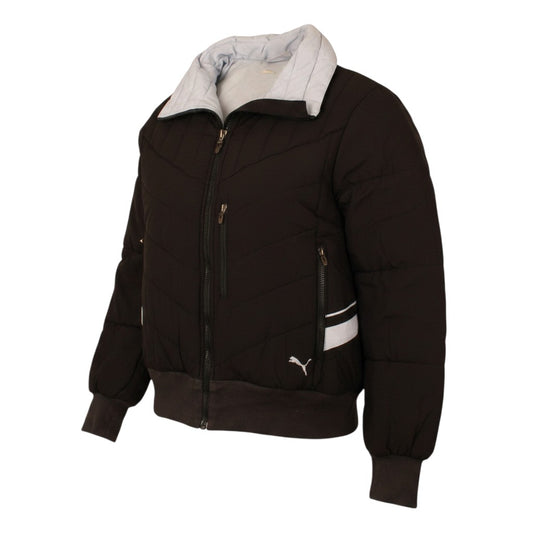 Prewornwholesale black Puma women's mid-length quilted activewear jacket with a full zip and light grey collar.