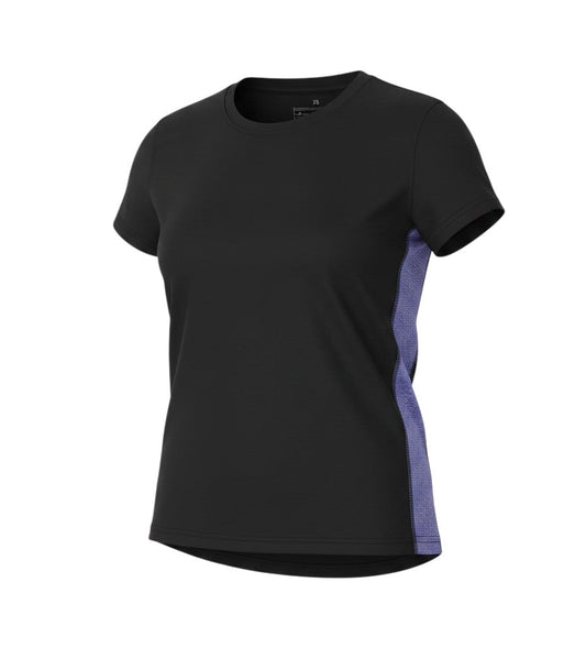 Prewornwholesale women's black polyester basic t-shirt with a round neck and purple side mesh panels.