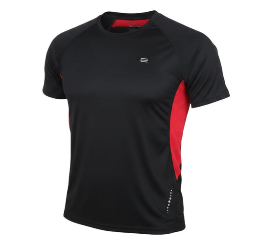 Prewornwholesale black and red polyester running t-shirt with raglan sleeves and crew neck for activewear