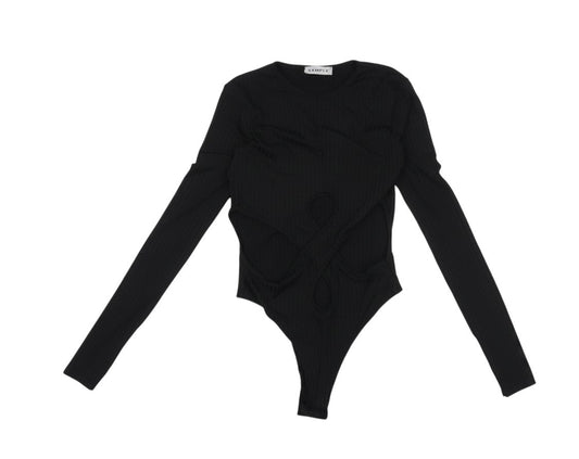 Prewornwholesale black long sleeve ribbed jersey bodysuit with a crew neck and cut-out detailing