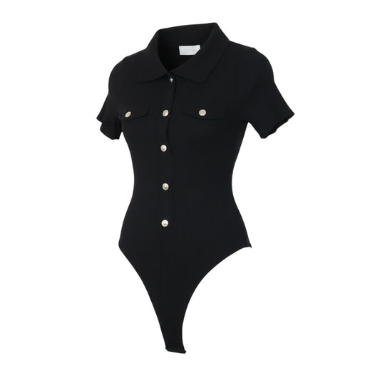 Prewornwholesale black ribbed bodysuit with a collared button-front design, cap sleeves, and decorative chest pockets.