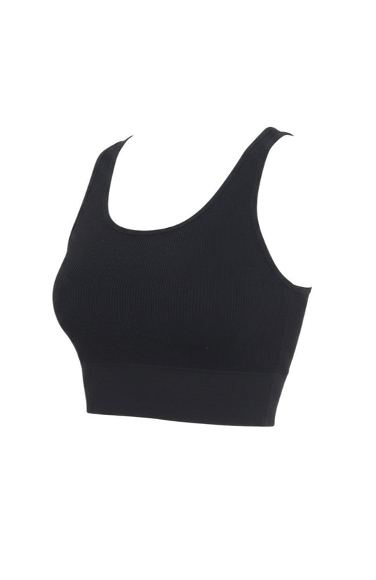Prewornwholesale black ribbed sleeveless crop top with a scoop neck, crafted from a soft cotton and elastane blend.