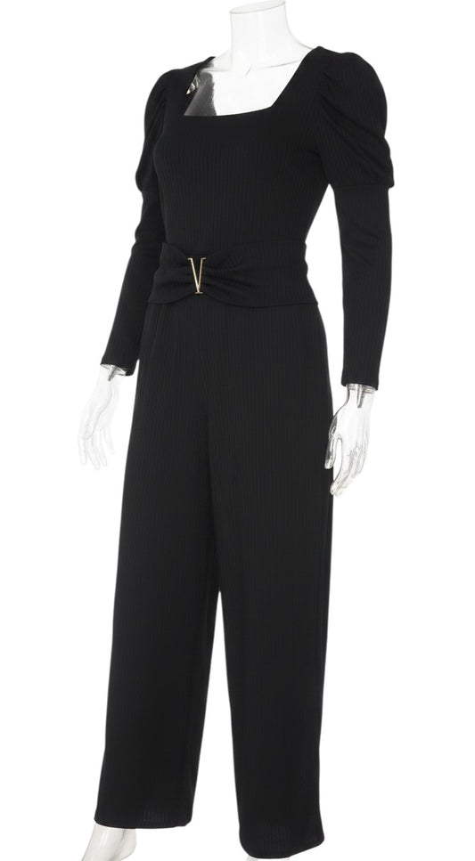 Prewornwholesale black ribbed wide-leg jumpsuit featuring puff sleeves, a square neckline, and a gold-tone waist buckle.