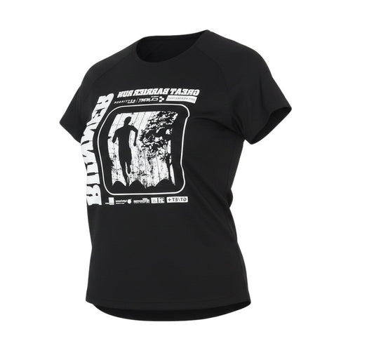 Prewornwholesale women's black polyester running t-shirt with white graphic print, crew neck, and raglan sleeves.